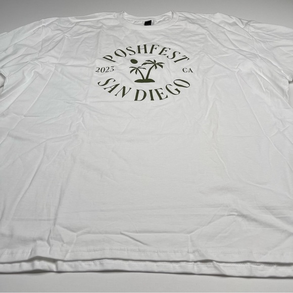Poshmark Poshfest San Diego Tee Tshirt White Olive Green Lettering Swag 3X New - Picture 3 of 12